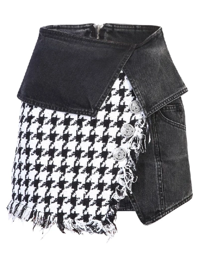 Balmain Houndstooth Denim Wrap Mini-skirt In Blk/wht