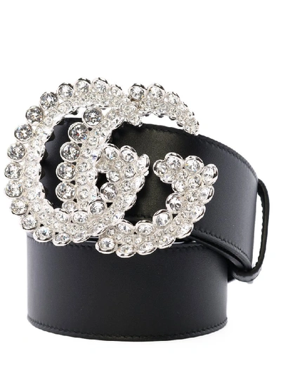 Gucci Gg Crystal-embellished Leather Belt In Black