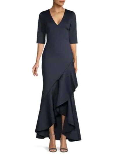 Badgley Mischka Asymmetrical Drapey Ruffle Gown In Navy