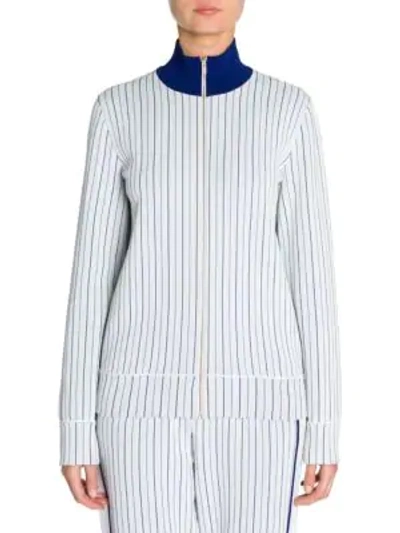 Stella Mccartney Compact Knit Pinstripe Zip Track Jacket In White Blue