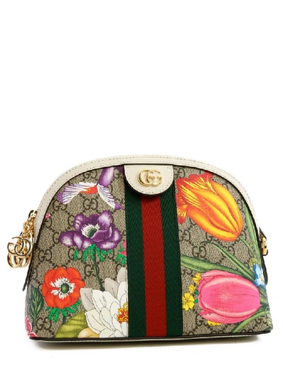 Gucci Small Ophidia Floral Gg Supreme Shoulder Bag In White
