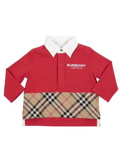 Burberry Babies' L/s Logo Print Cotton Piquet Polo Shirt In Rosso