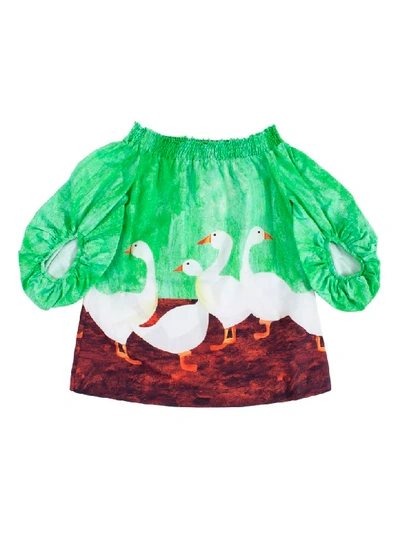 Stella Jean Kids' Goose Print Cotton Poplin Dress In Green