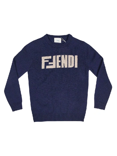 Fendi Kids' Logo Intarsia Wool Knit Sweater In Blue