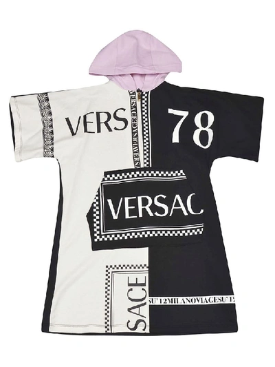 Versace Kids' Girl's Hooded Colorblock Logo Sweatshirt Dress In Black