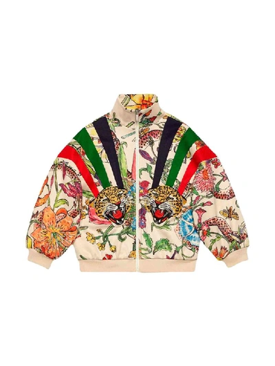 Gucci Kids' Floral Zip-up Sweatshirt W/ Stripes & Tiger Patches, Size 4-12 In Avorio