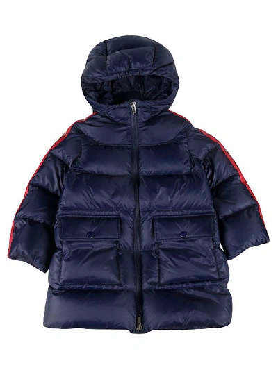 Gucci Kids' Girl's Padded Hooded Jacket W/ Logo Taping In Blue