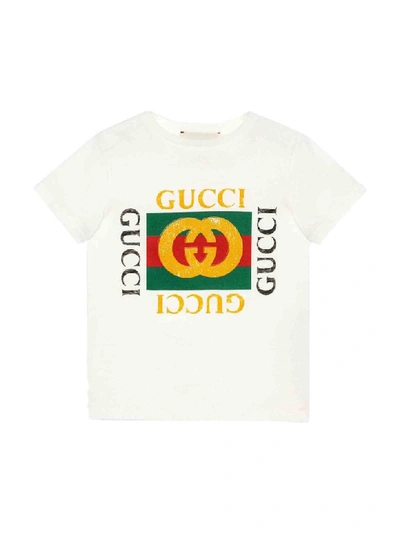 Gucci Kids' White T-shirt With Multicolor Frontal Press In Bianco/verde
