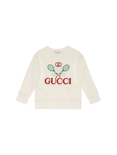 Gucci Kids' Logo网球拍纯棉卫衣 In Bianca