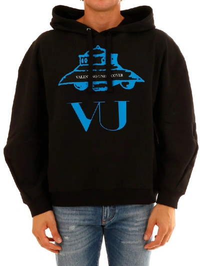 Valentino Vu Ufo Printed Cotton Sweatshirt Hoodie In Nero/blu