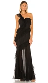 Amur One-shoulder Ruffled Silk Illusion Gown In Black