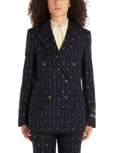 Gucci Women's Retro Gg Thin Stripe Wool Double-breasted Boxy Jacket In Blue
