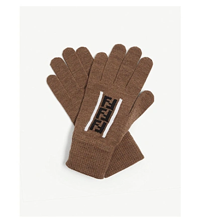 Fendi Ff Logo Wool Gloves In Brown Black White