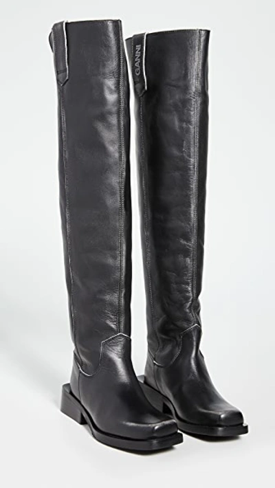 Ganni Square-toe Faded-leather Over-the-knee Boots In Black