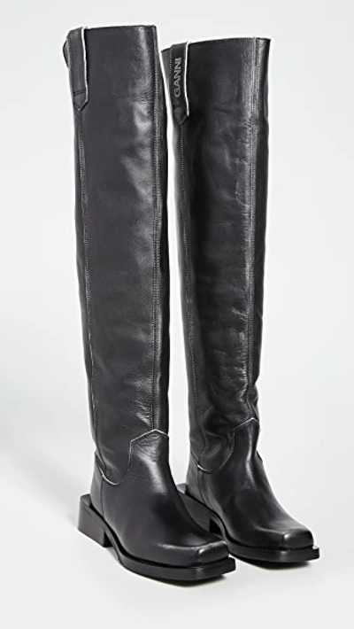 Eyelets faux leather knee-high boots in black - Ganni  Ganni Black Over the Knee Boots main image 2