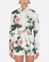 DOLCE & GABBANA POPLIN SHIRT WITH TROPICAL ROSE PRINT KNOT