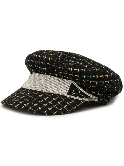 Venna Crystal-strap Tweed Baker Boy Hat In Black