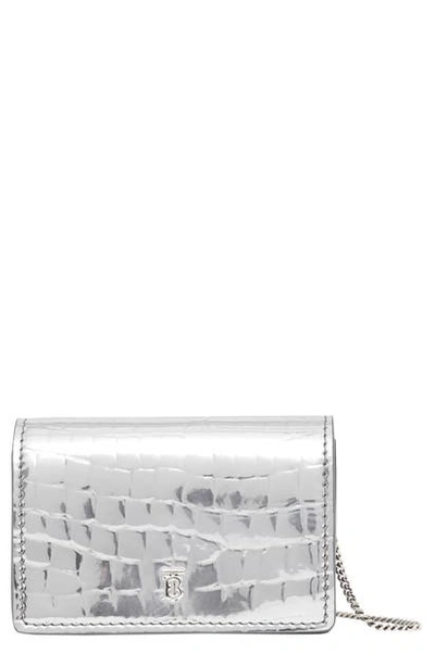 Burberry Jessie Tb Croc-embossed Metallic Wallet-on-chain In Silver