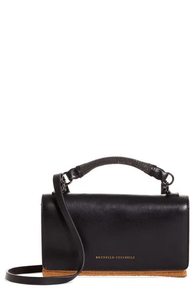 Brunello Cucinelli Mini City Leather & Raffia Crossbody Bag In Black
