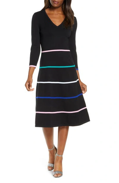 Eliza J Stripe V-neck Sweater Dress In Black