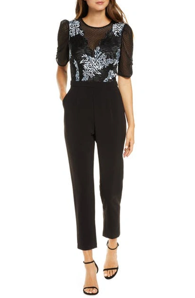 Adelyn Rae Alexandria Embroidered Mesh Jumpsuit In Black/ Light Blue
