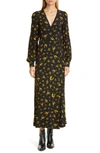 GANNI FLORAL PRINT CREPE LONG SLEEVE MIDI DRESS,F4162