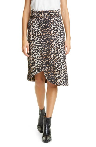 Ganni Asymmetric Belted Leopard-print Denim Wrap Skirt In Animal Print