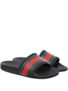 Gucci Black Webbing Stripe Printed Slides In Black