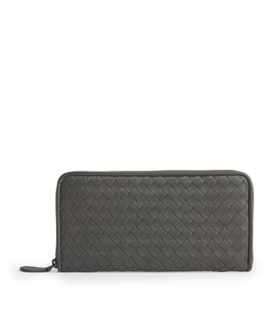 Bottega Veneta Intreccio Zip Around Leather Wallet In Grey