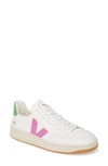 Veja V-12 Leather And Canvas Sneakers In White/ Ultraviolet/ Granny