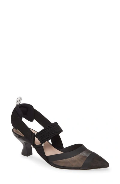 Fendi Black Leather And Mesh Slingbacks With Medium Heel In Nero Nero+nero