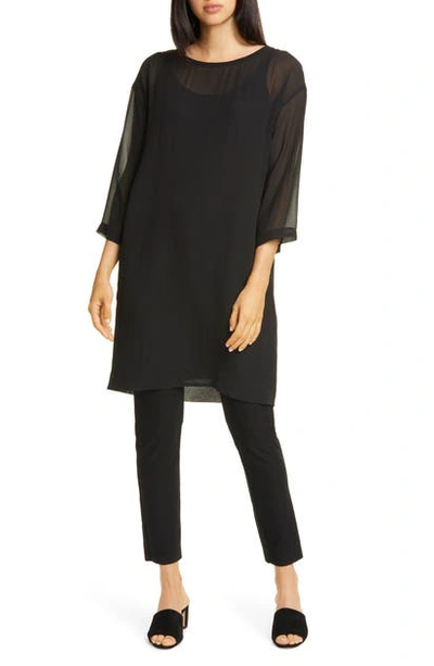 Eileen Fisher Ballet Neck 3/4-sleeve Sheer Silk Dress In Black