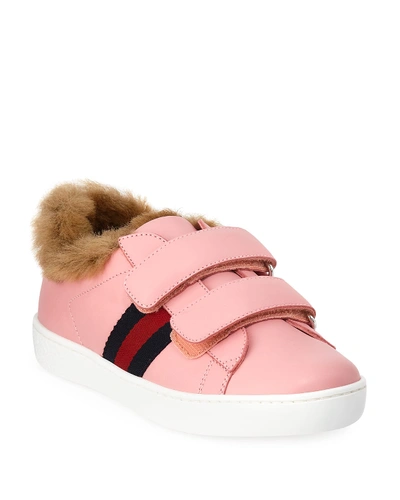 Gucci Kids' New Ace Web-trim Leather Trainers W/ Faux-fur Lining, Toddler In Pink Leather