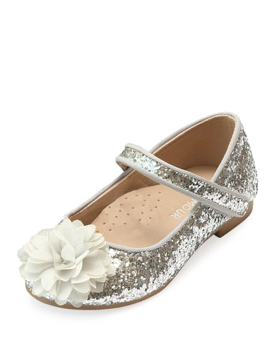 L'amour Shoes Girl's Alice Sparkly Glitter Flower Flats, Baby/toddler/kids In White