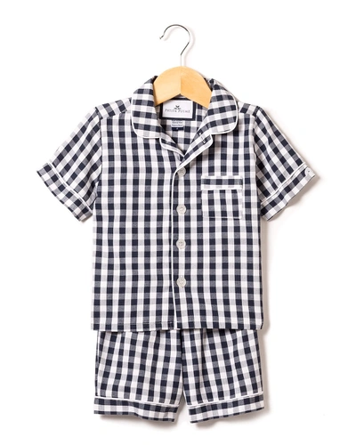 Petite Plume Kid's Gingham Twill Pajama Set W/ Contrast Piping In Navy Gingham