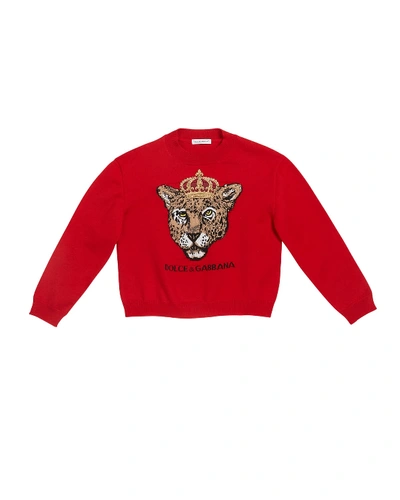 Dolce & Gabbana Kids' Girl's Leopard Queen Intarsia Sweater, Size 8-12 In Red