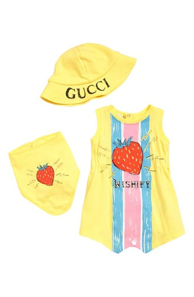 Gucci Babies' Romper, Bandana Bib & Bucket Hat Gift Set In Lemon