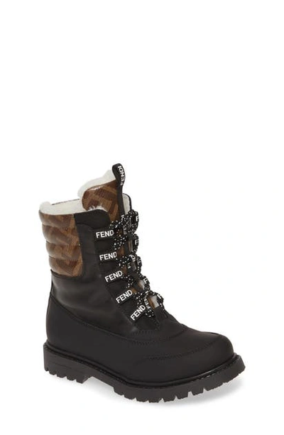 Fendi Kids' Double F Logo Lace-up Boot With Faux Fur Lining In Black