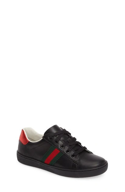 Gucci Kids' Web Detail Leather Lace-up Sneakers In Black