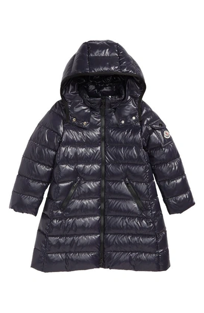 Moncler Kids' Moka Long Hooded Water Resistant Down Jacket In Navy