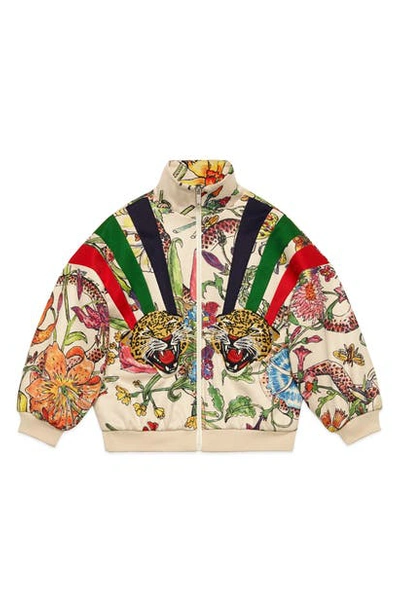 Gucci Kids' Floral Zip-up Sweatshirt W/ Stripes & Tiger Patches, Size 4-12 In Avorio