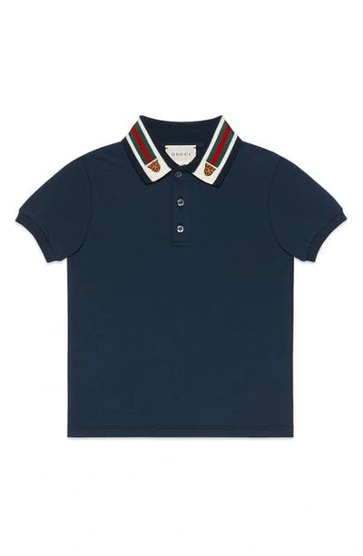 Gucci Kids' Short-sleeve Polo Shirt W/ Web Trim Collar, Size 4-12 In Blue