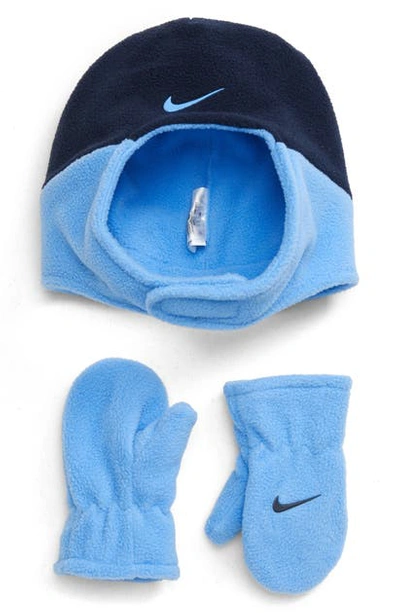 Nike Kids' Swoosh Trapper Hat & Mittens Set In University Blue