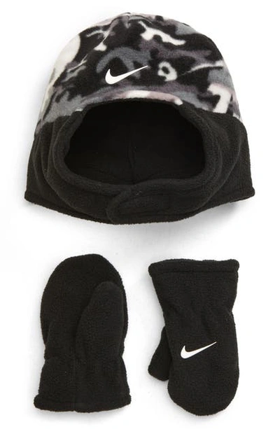 Nike Kids' Swoosh Trapper Hat & Mittens Set In Grey Camo