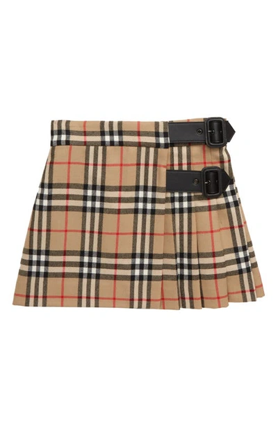 Burberry Kids' Check Print Virgin Wool Midi Skirt In Beige