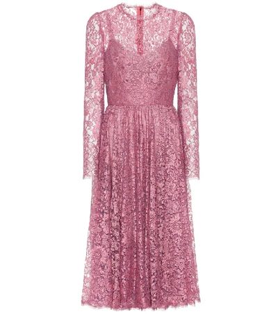 Dolce & Gabbana Lame Long Sleeve Chantilly Lace Dress In Pink,metallic
