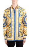 Versace Barocco Button-up Silk Shirt In Blue Print