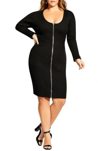 City Chic Corset Long Sleeve Sweater Dress In Black