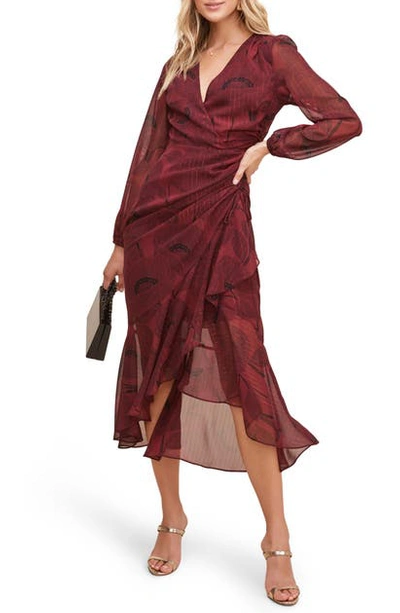 Astr Floral Print Long Sleeve Faux Wrap Dress In Wine Floral