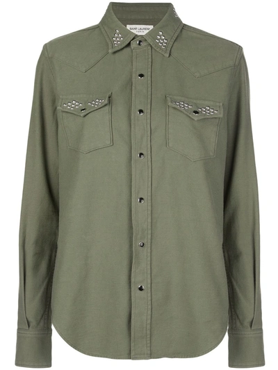 Saint Laurent Round Stud Embellished Shirt In Green